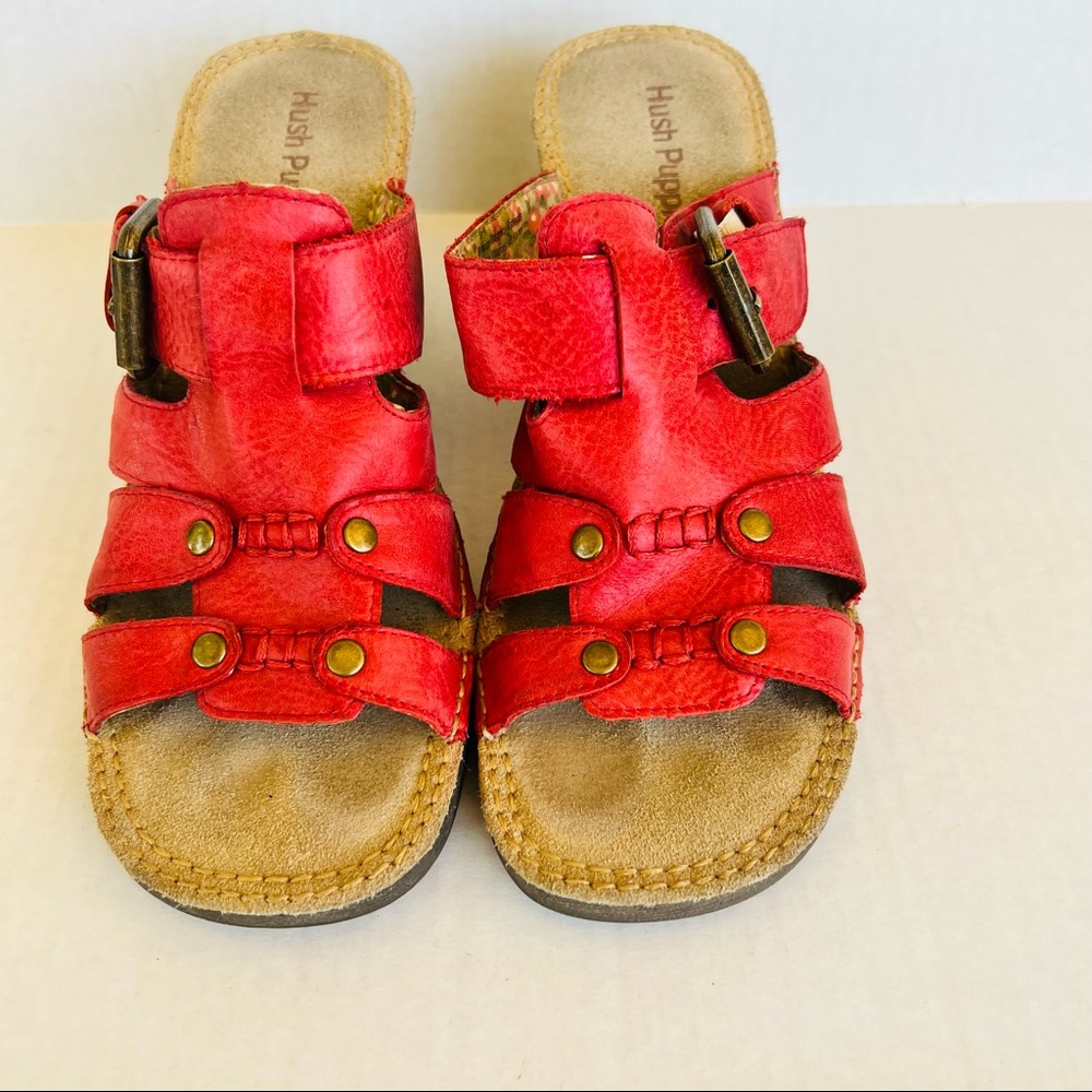 Hush Puppies Red Leather Comfortable Slip On Wedge Sandals Women Size:7